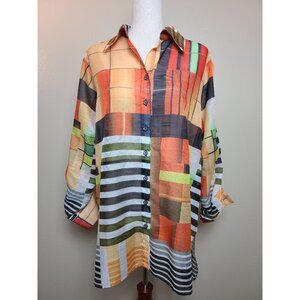 Mischa Womens Long Sleeves Top Shirt Blouse Multicolor Geometric Orange Size XL